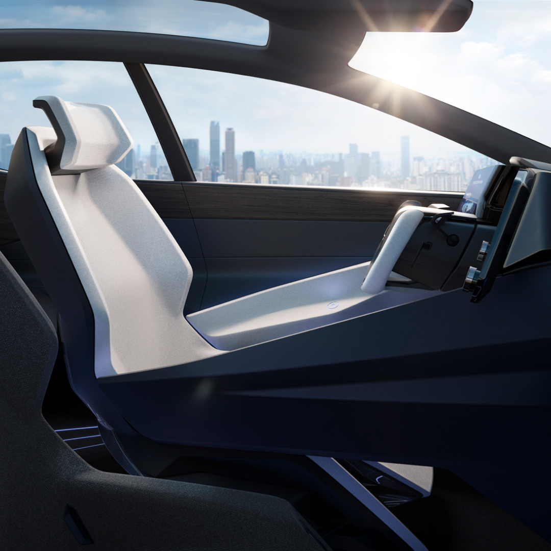 Tazuna cockpit of the LF-Z concept vehicle, with panoramic roof letting the sun shine through at all angles.
