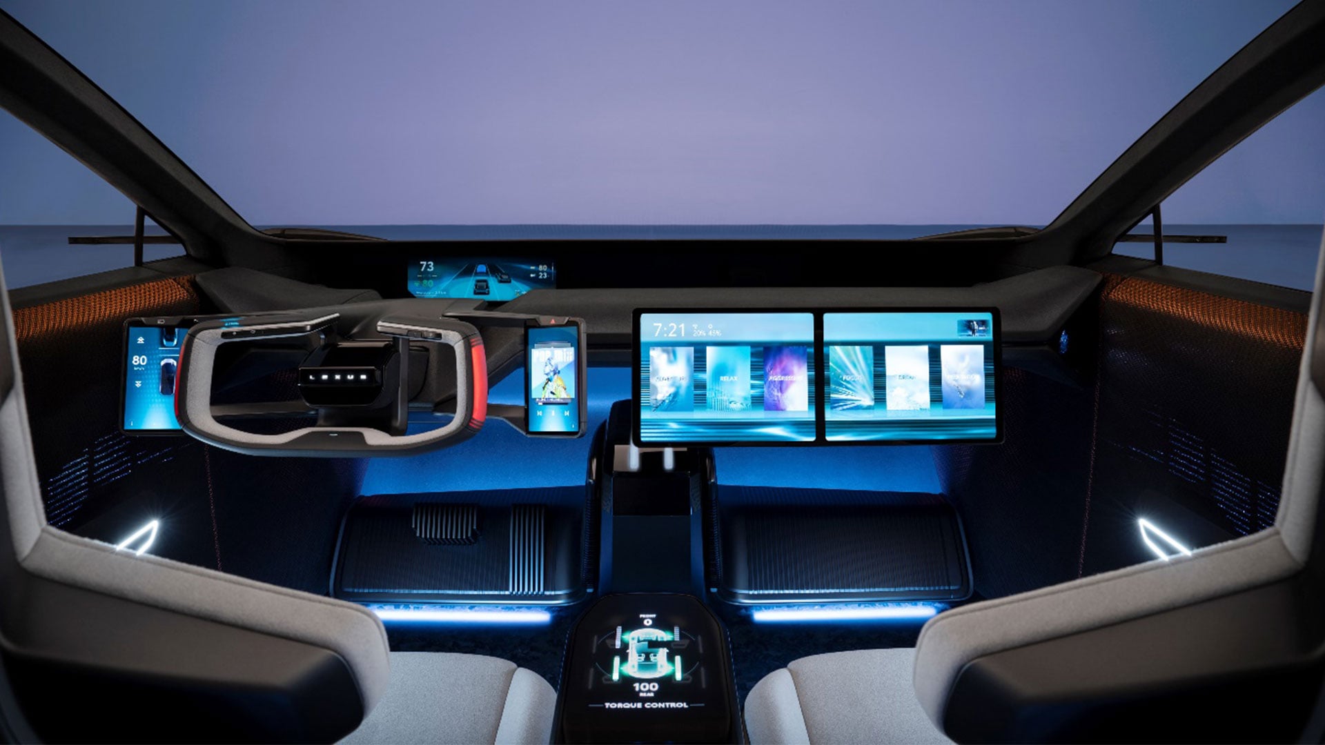 The interior drivers cockpit of the Lexus LF-ZC concept vehicle illuminated